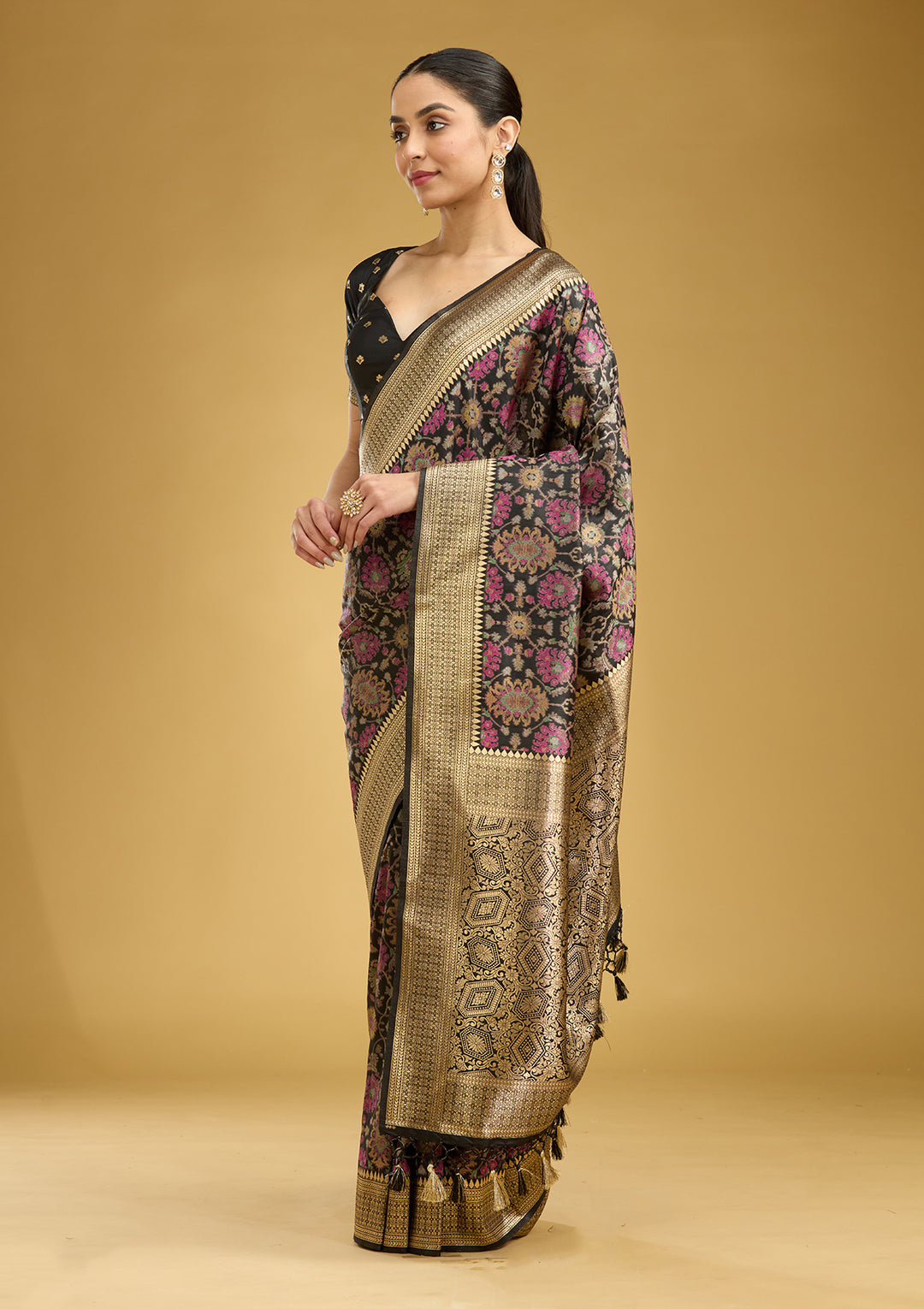 Black Silk Jaal Printed Saree With Matching Blouse Piece