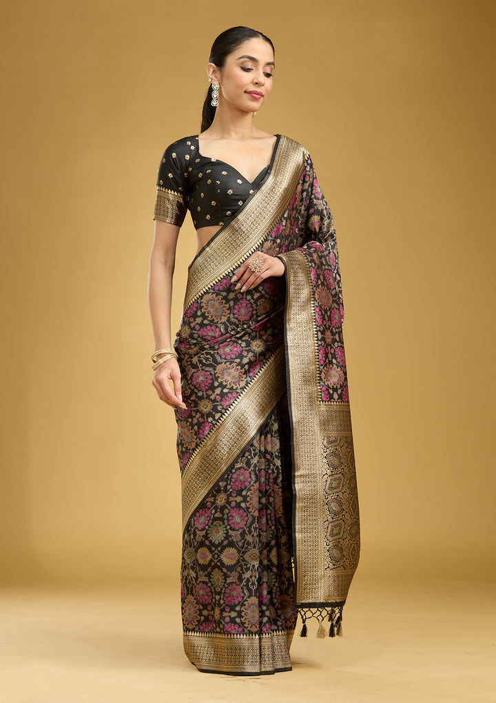 Black Silk Jaal Printed Saree With Matching Blouse Piece