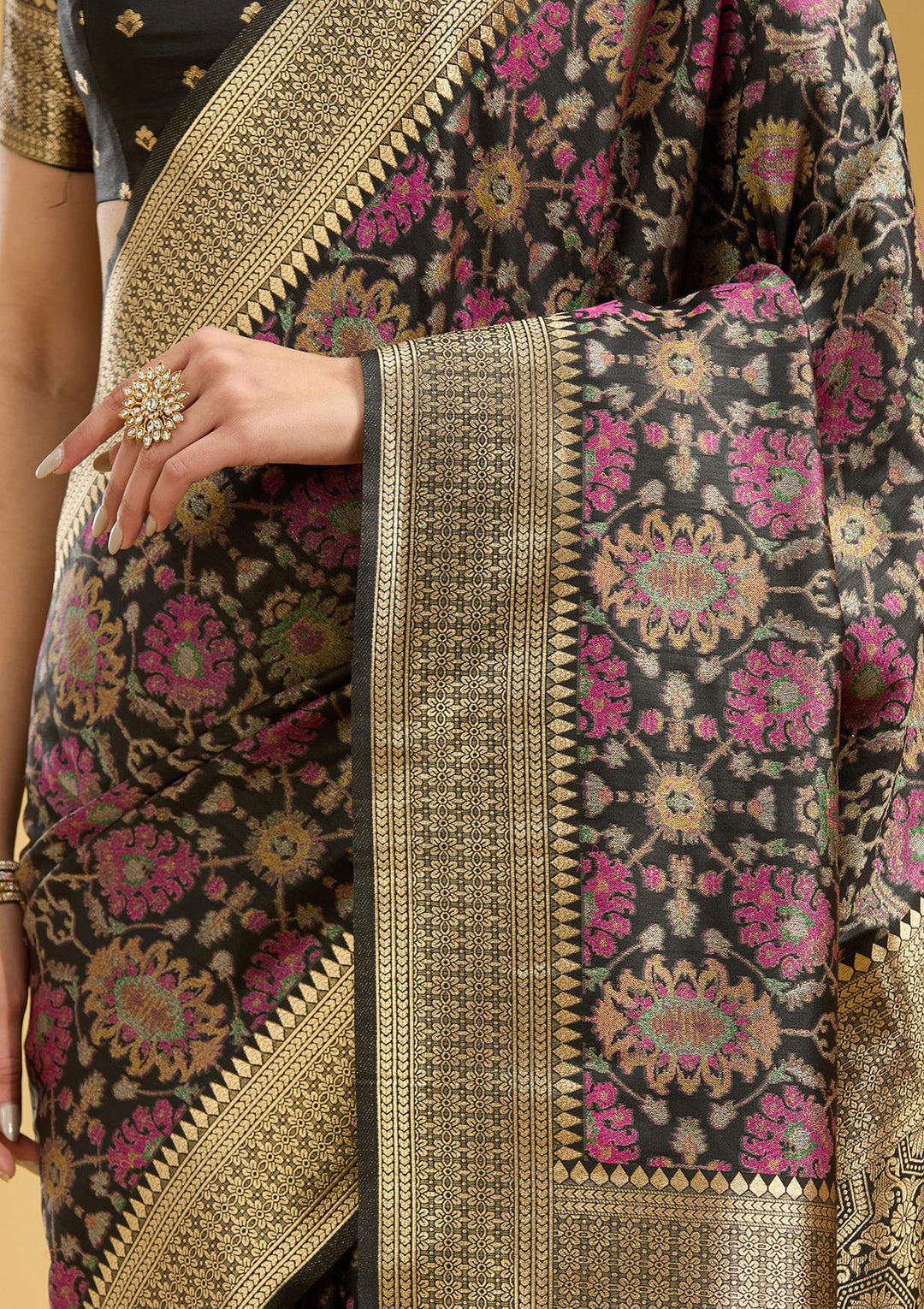 Black Silk Jaal Printed Saree With Matching Blouse Piece