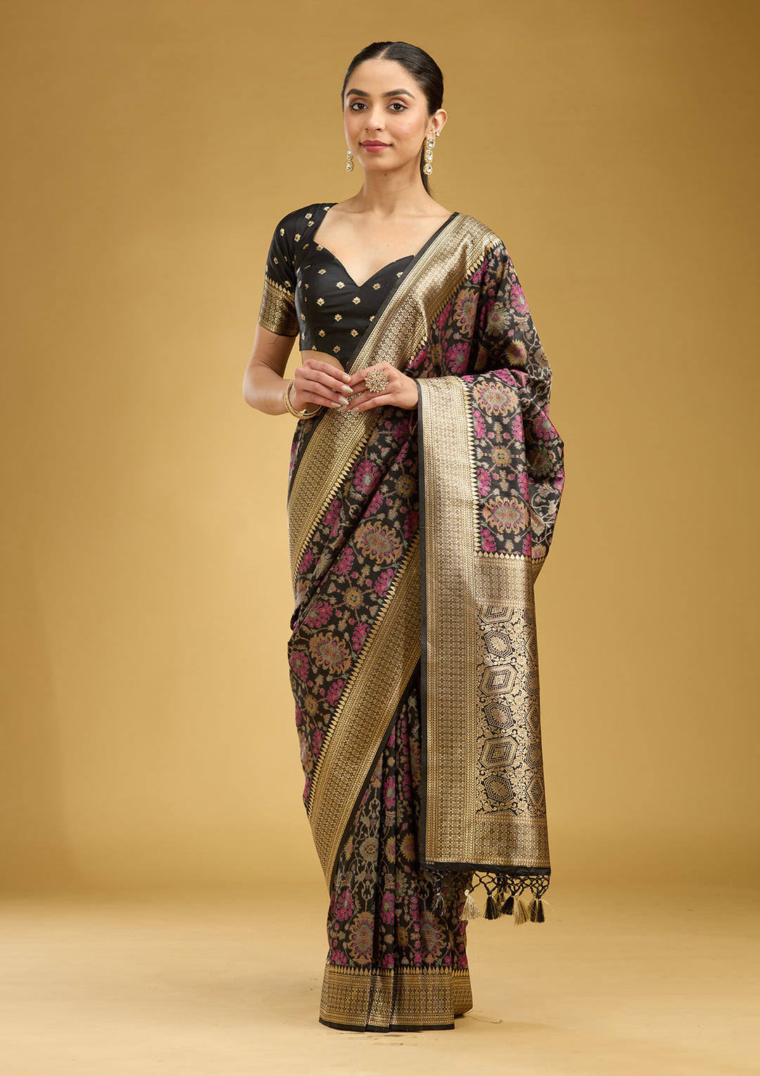 Black Silk Jaal Printed Saree With Matching Blouse Piece