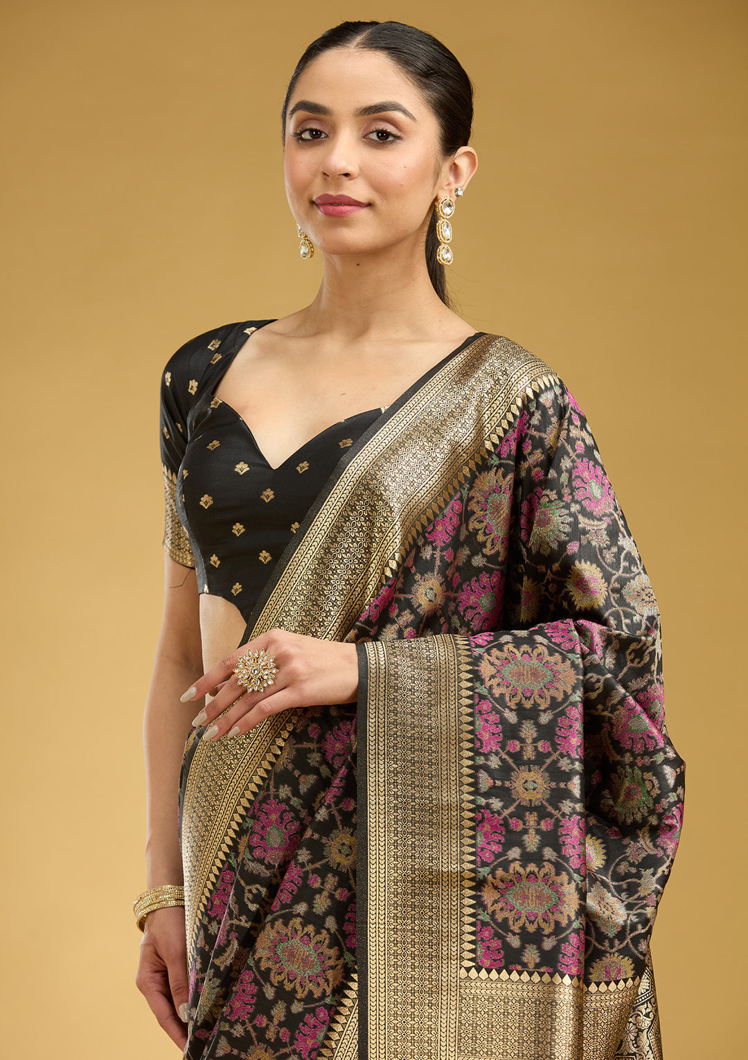 Black Silk Jaal Printed Saree With Matching Blouse Piece