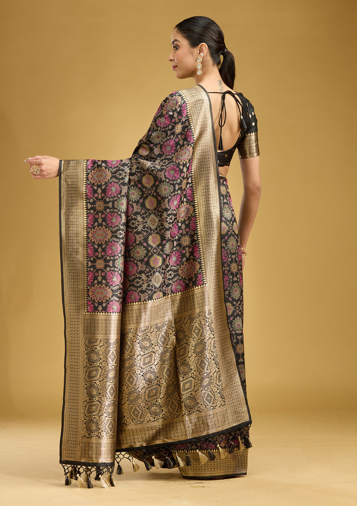 Black Silk Jaal Printed Saree With Matching Blouse Piece