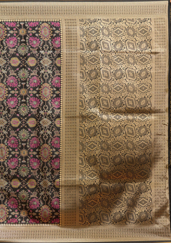 Black Silk Jaal Printed Saree With Matching Blouse Piece