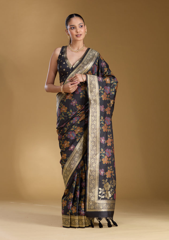 Black Silk Jaal Printed Saree With Matching Blouse Piece