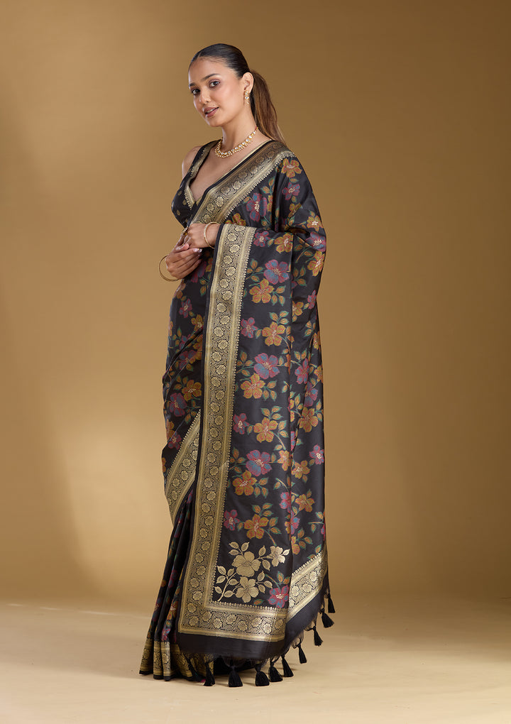 Black Silk Jaal Printed Saree With Matching Blouse Piece