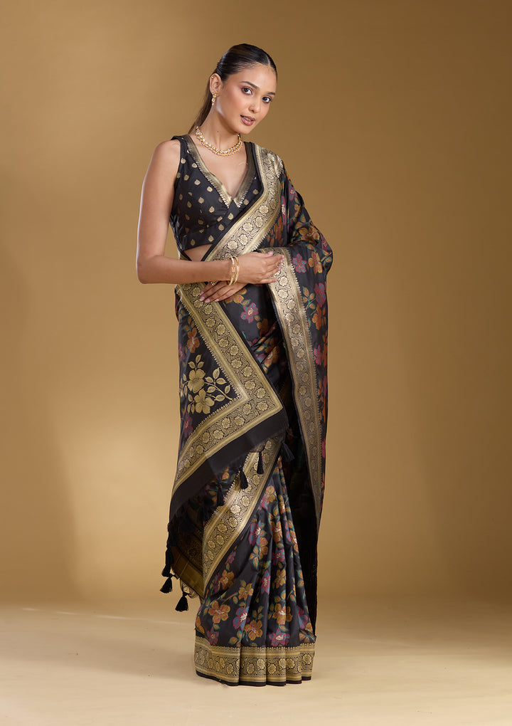 Black Silk Jaal Printed Saree With Matching Blouse Piece
