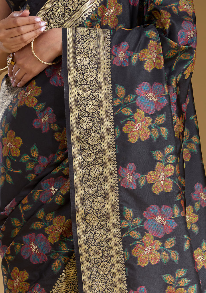 Black Silk Jaal Printed Saree With Matching Blouse Piece