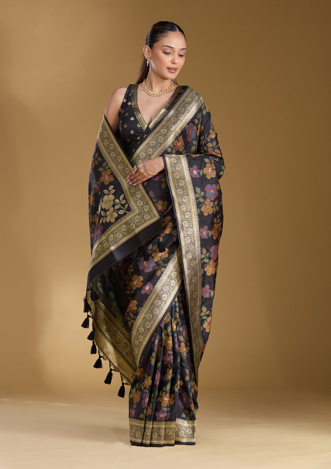Black Silk Jaal Printed Saree With Matching Blouse Piece