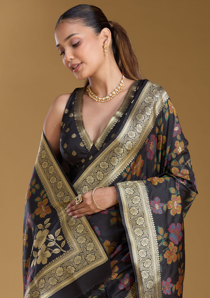 Black Silk Jaal Printed Saree With Matching Blouse Piece