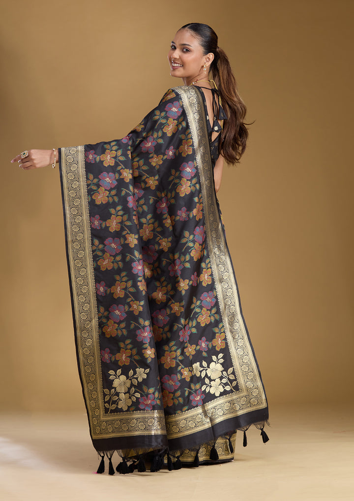 Black Silk Jaal Printed Saree With Matching Blouse Piece
