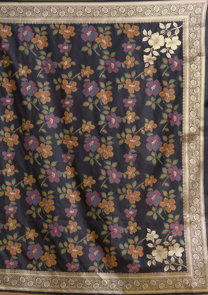 Black Silk Jaal Printed Saree With Matching Blouse Piece