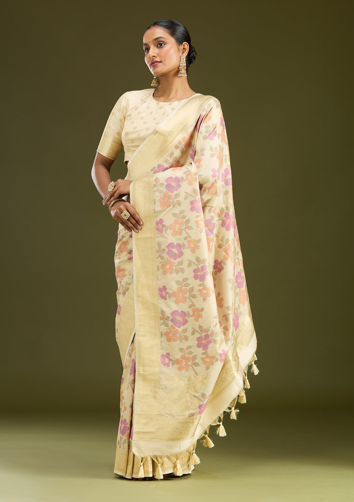 Cream Silk Jaal Printed Saree With Matching Blouse Piece