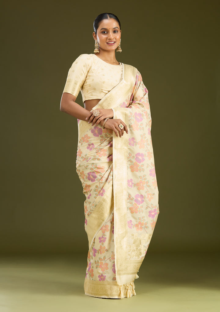 Cream Silk Jaal Printed Saree With Matching Blouse Piece