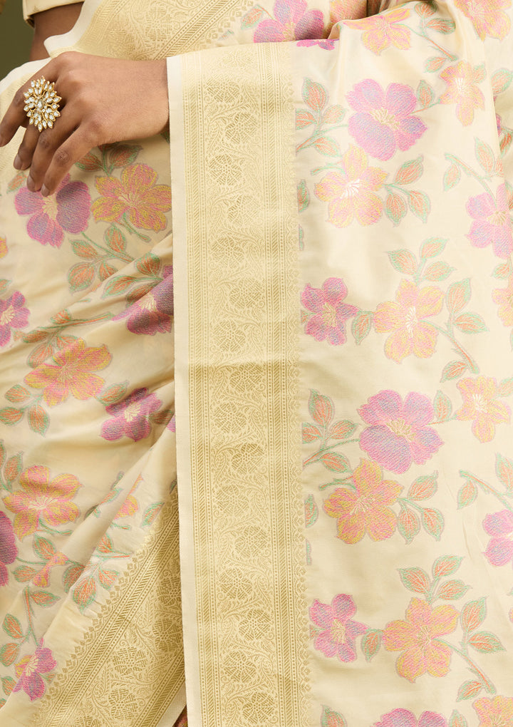 Cream Silk Jaal Printed Saree With Matching Blouse Piece