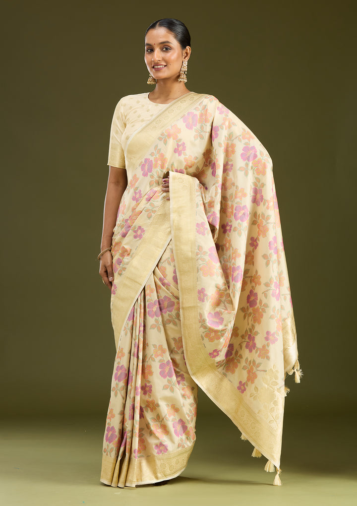 Cream Silk Jaal Printed Saree With Matching Blouse Piece