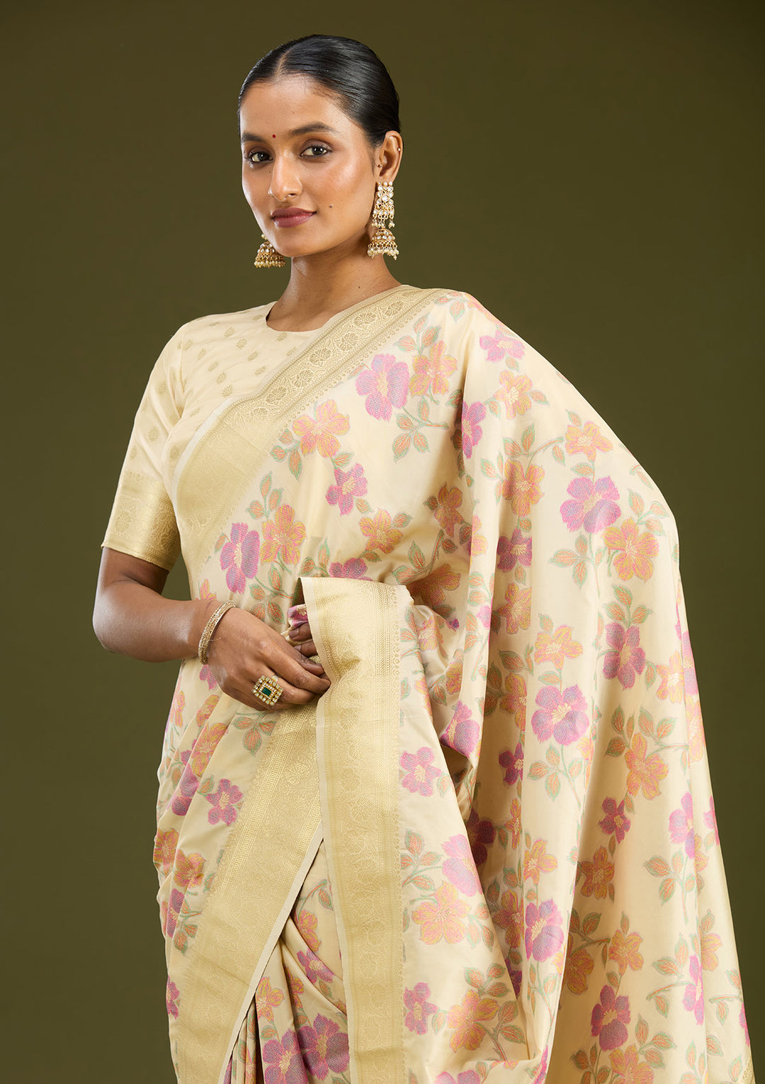 Cream Silk Jaal Printed Saree With Matching Blouse Piece