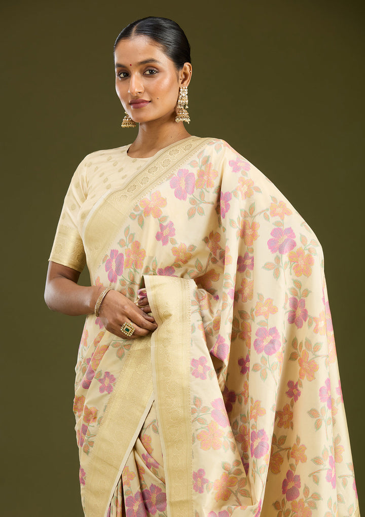 Cream Silk Jaal Printed Saree With Matching Blouse Piece