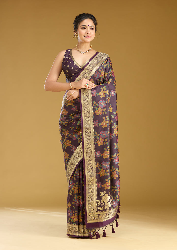 Wine Silk Jaal Printed Saree With Matching Blouse Piece
