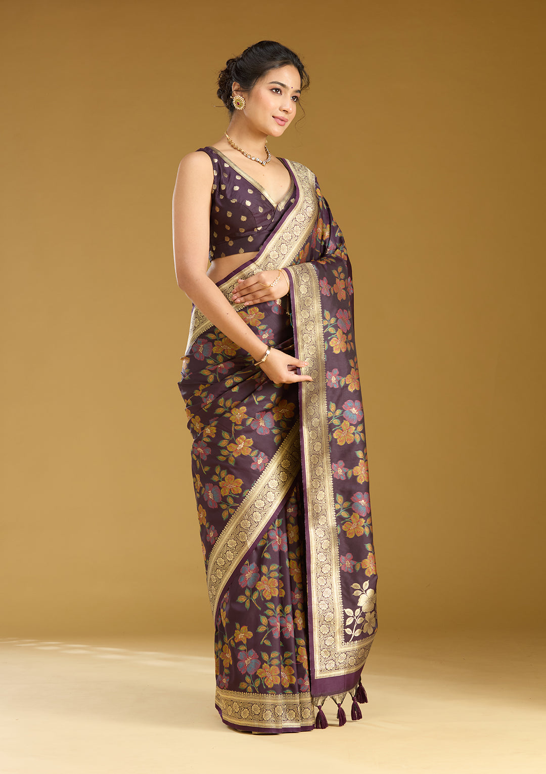 Wine Silk Jaal Printed Saree With Matching Blouse Piece