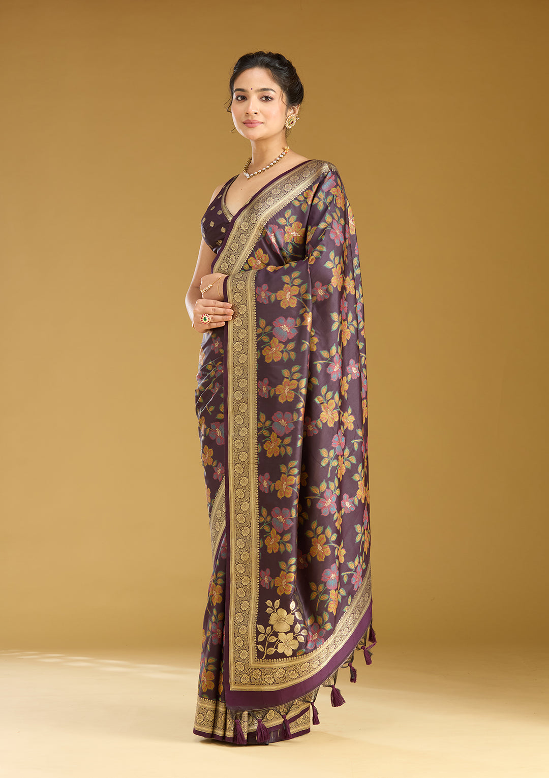 Wine Silk Jaal Printed Saree With Matching Blouse Piece