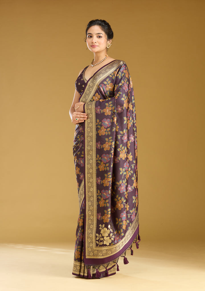 Wine Silk Jaal Printed Saree With Matching Blouse Piece