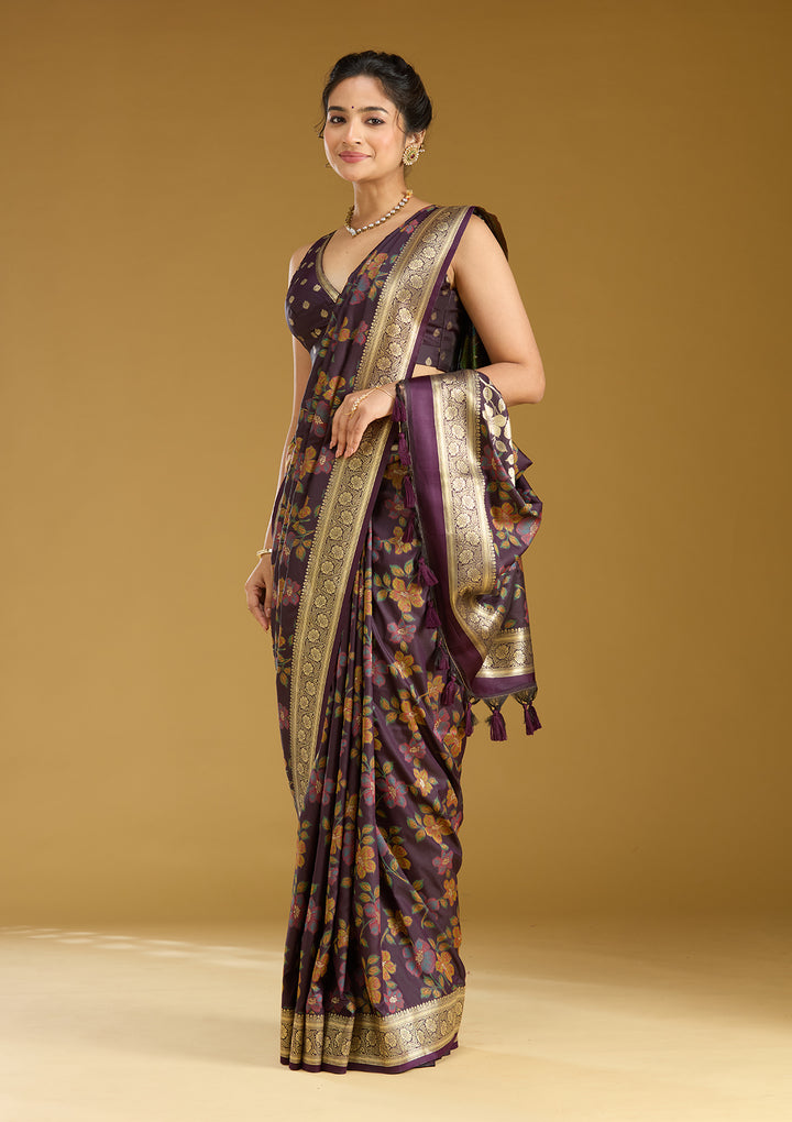 Wine Silk Jaal Printed Saree With Matching Blouse Piece