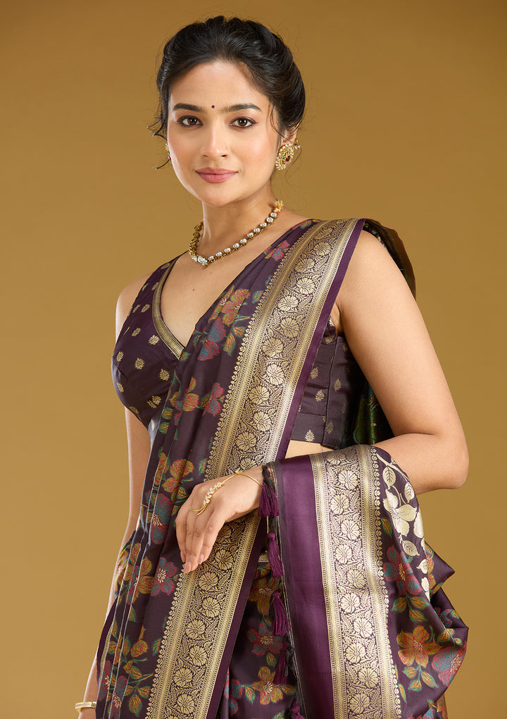 Wine Silk Jaal Printed Saree With Matching Blouse Piece