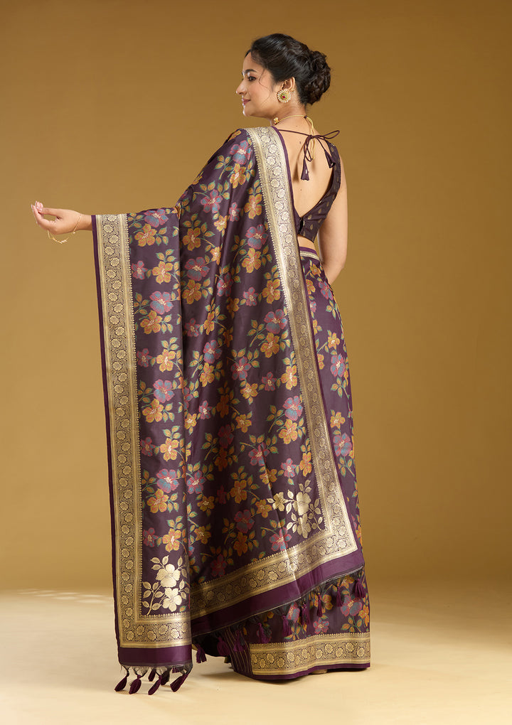 Wine Silk Jaal Printed Saree With Matching Blouse Piece