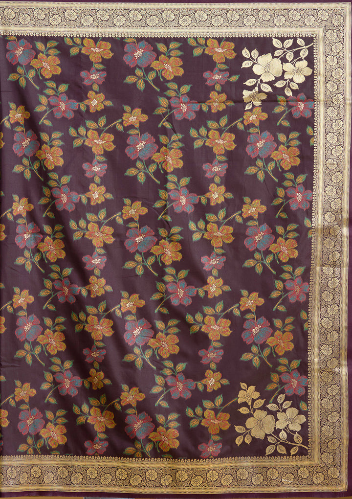 Wine Silk Jaal Printed Saree With Matching Blouse Piece