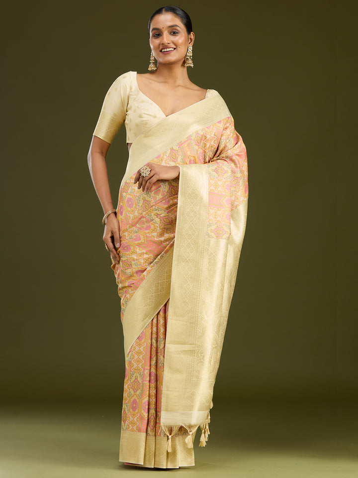 Cream Silk Jaal Printed Saree With Matching Blouse Piece