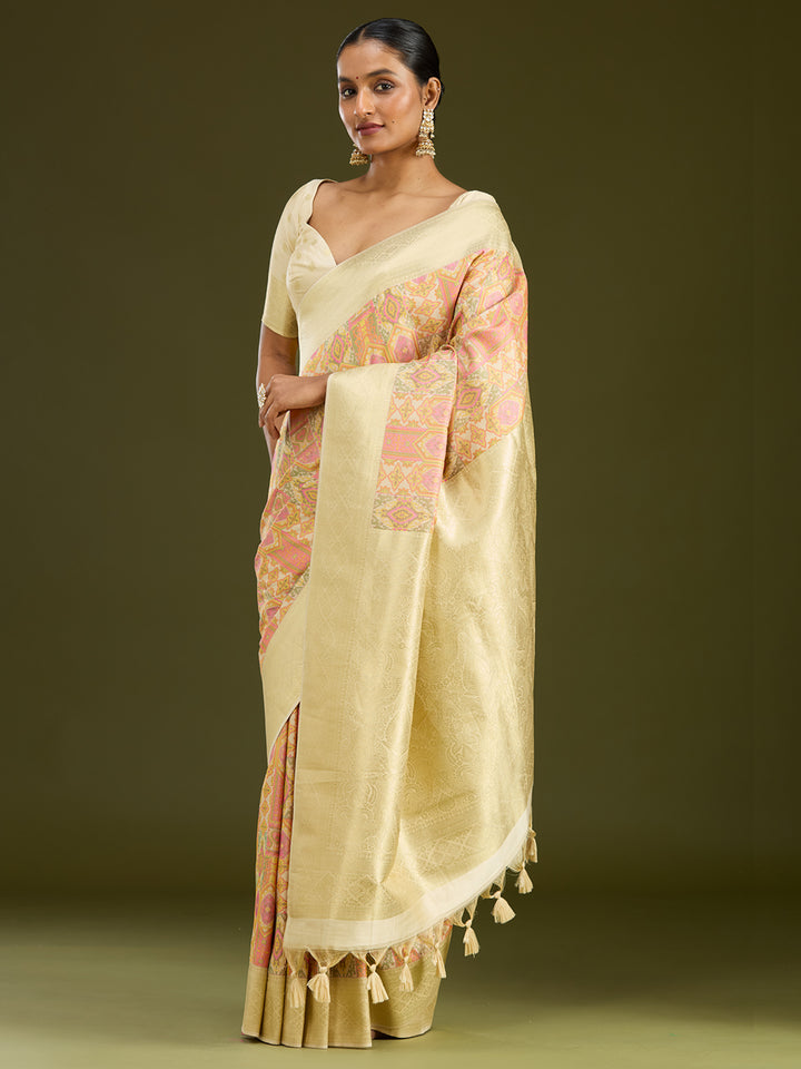 Cream Silk Jaal Printed Saree With Matching Blouse Piece