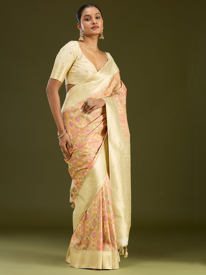 Cream Silk Jaal Printed Saree With Matching Blouse Piece