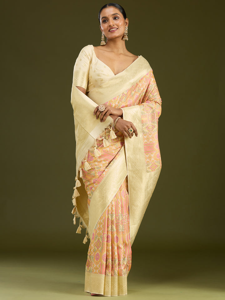 Cream Silk Jaal Printed Saree With Matching Blouse Piece