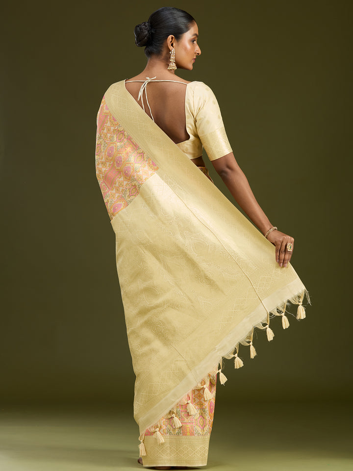 Cream Silk Jaal Printed Saree With Matching Blouse Piece