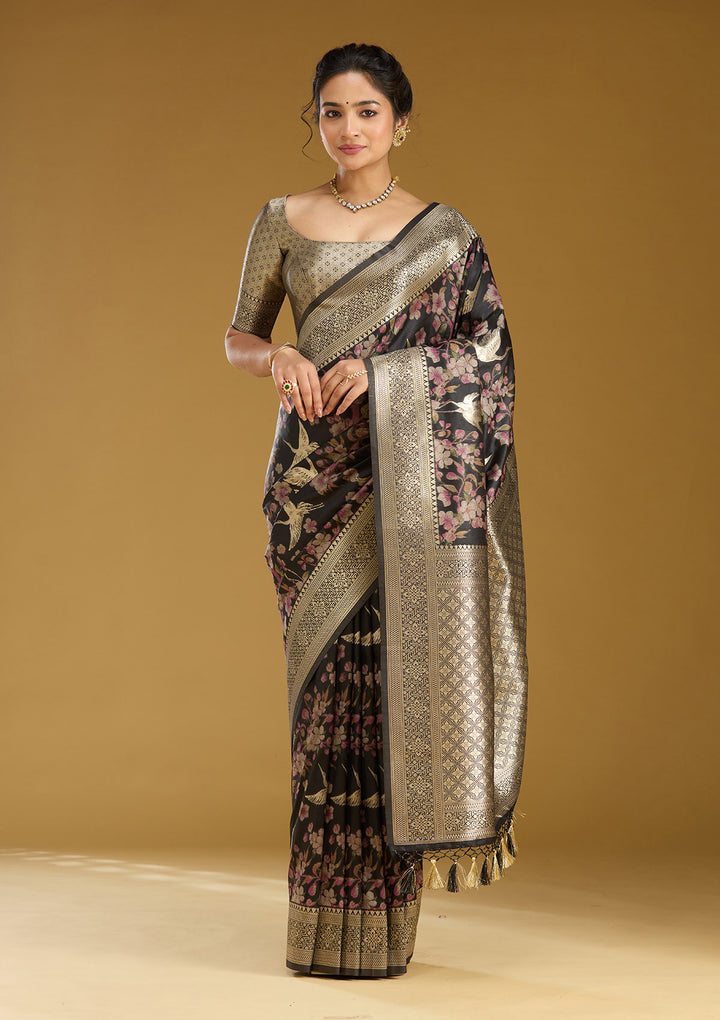 Black Silk Jaal Printed Saree With Matching Blouse Piece