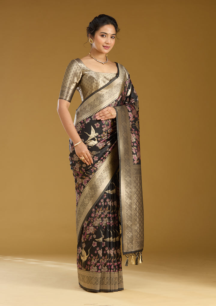 Black Silk Jaal Printed Saree With Matching Blouse Piece