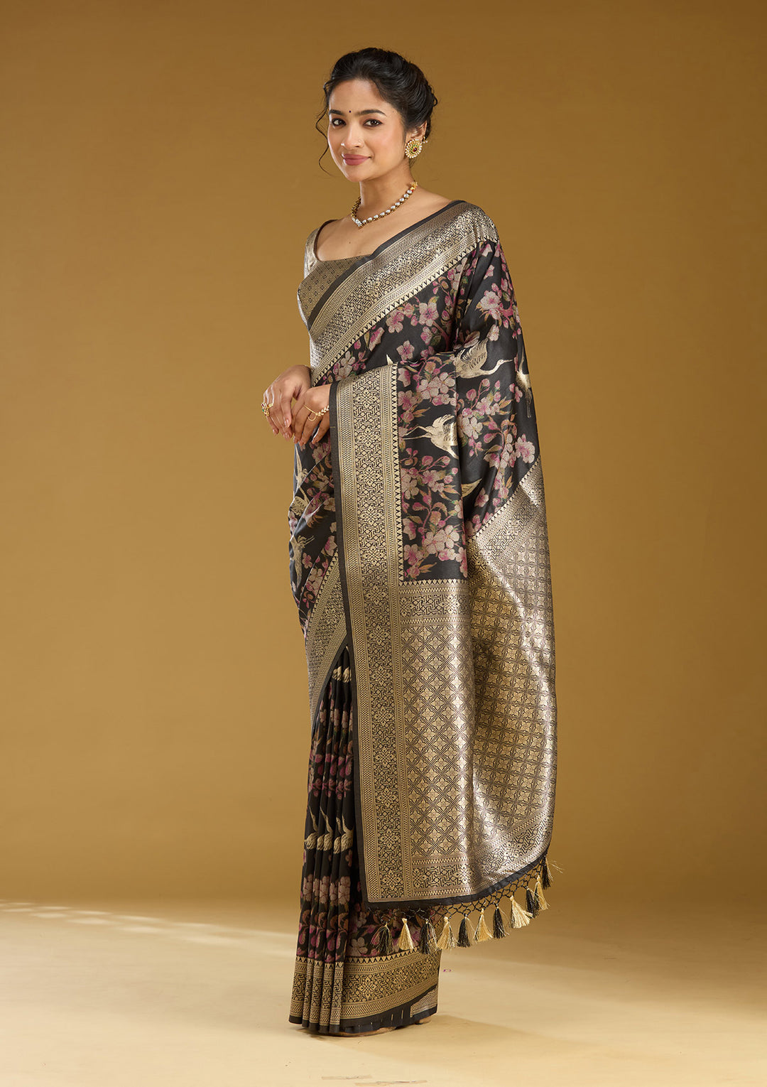 Black Silk Jaal Printed Saree With Matching Blouse Piece