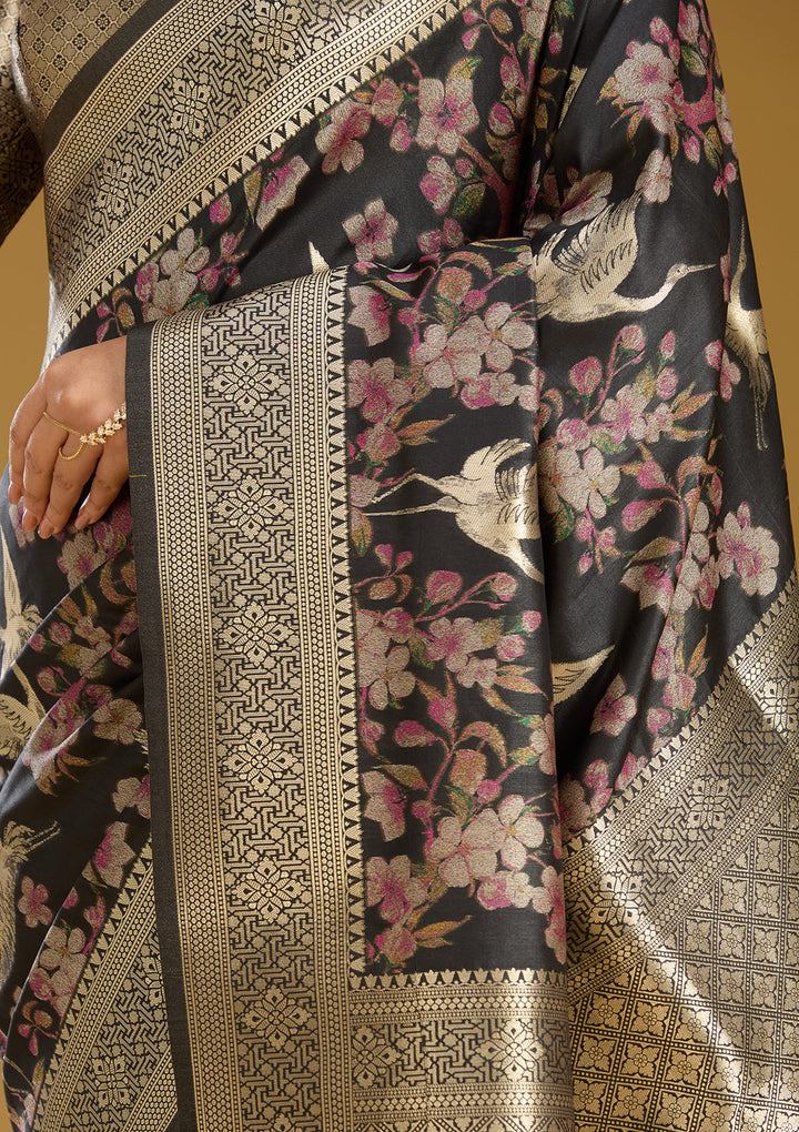 Black Silk Jaal Printed Saree With Matching Blouse Piece