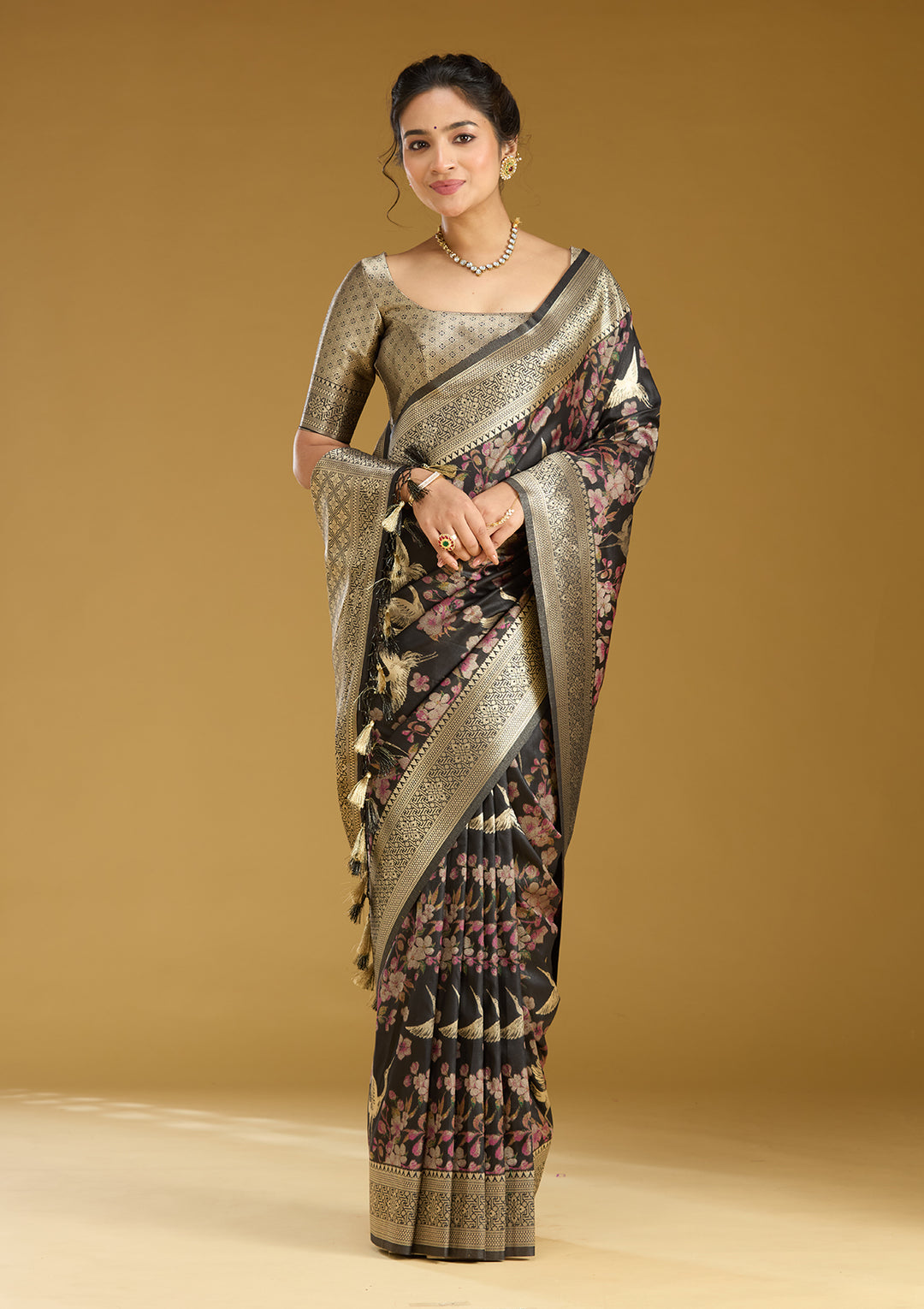 Black Silk Jaal Printed Saree With Matching Blouse Piece