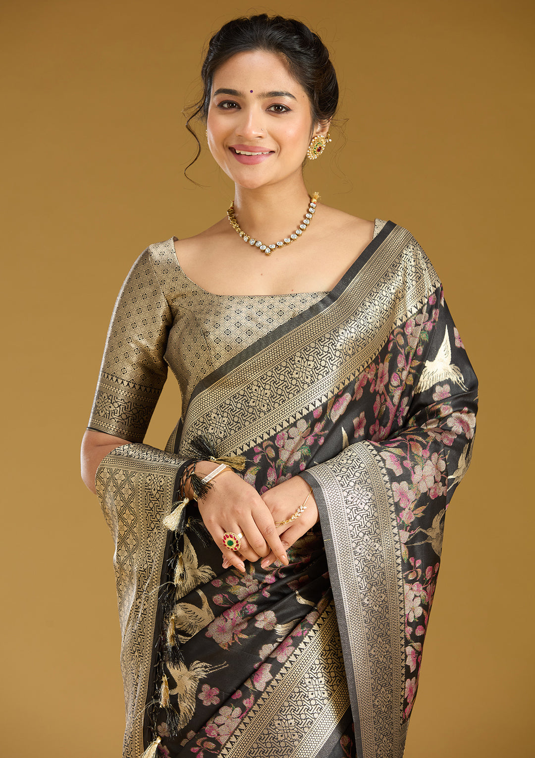 Black Silk Jaal Printed Saree With Matching Blouse Piece