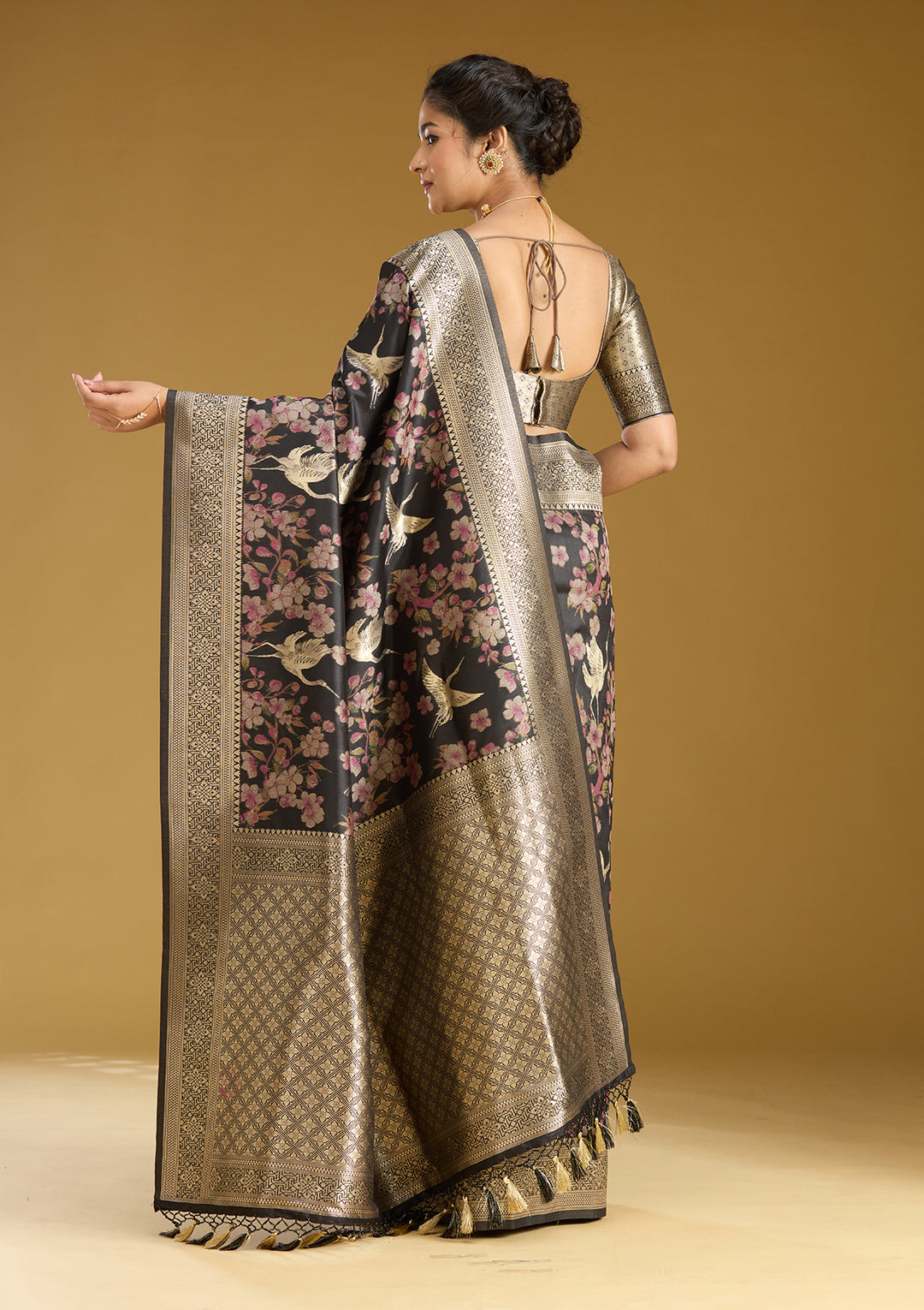 Black Silk Jaal Printed Saree With Matching Blouse Piece