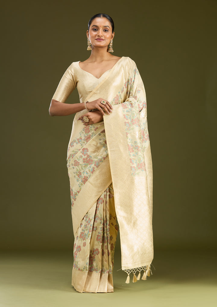 Cream Silk Jaal Printed Saree With Matching Blouse Piece