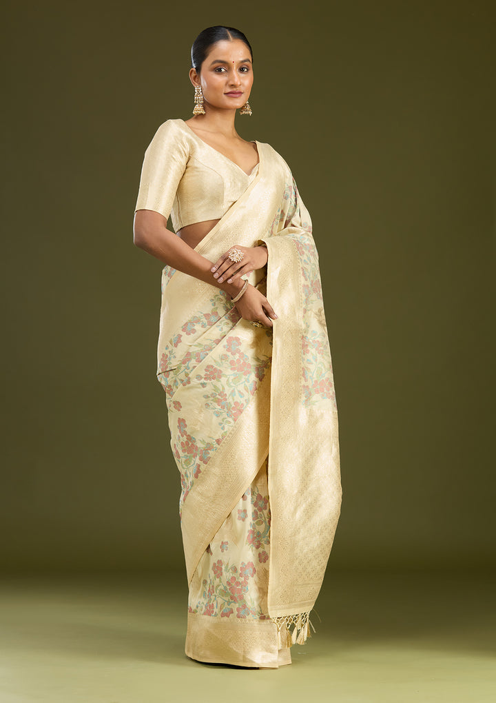 Cream Silk Jaal Printed Saree With Matching Blouse Piece