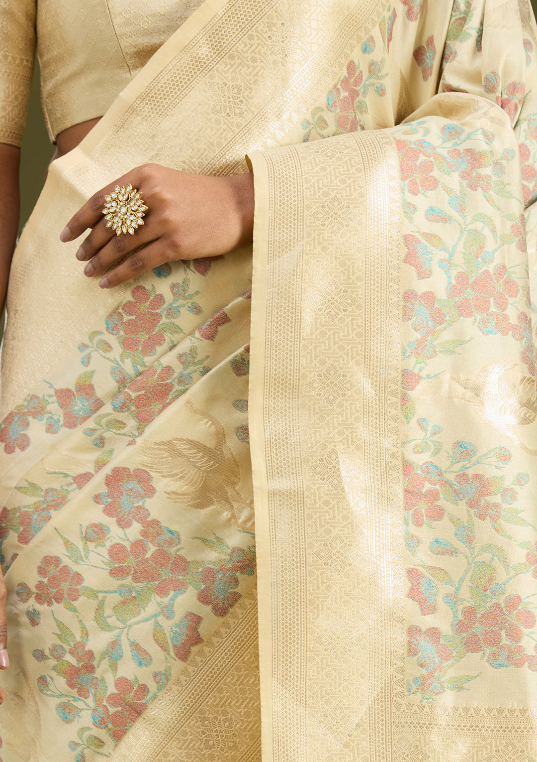 Cream Silk Jaal Printed Saree With Matching Blouse Piece