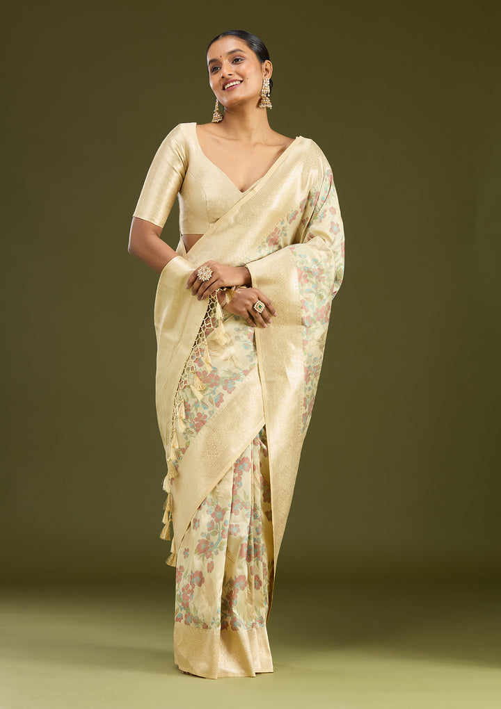Cream Silk Jaal Printed Saree With Matching Blouse Piece