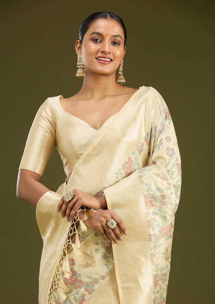 Cream Silk Jaal Printed Saree With Matching Blouse Piece