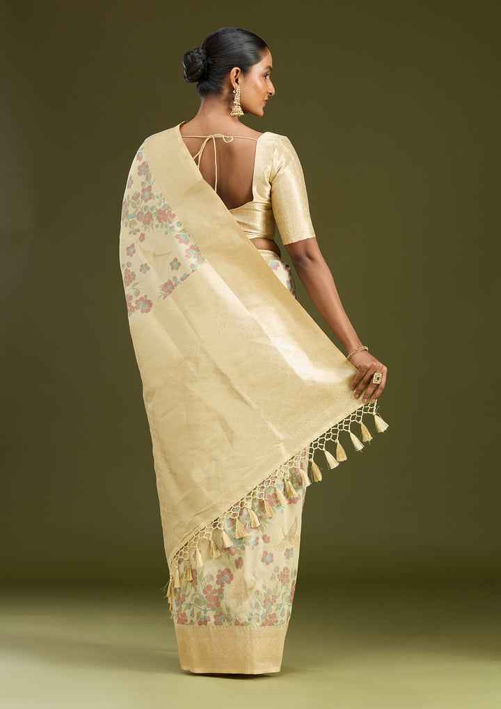 Cream Silk Jaal Printed Saree With Matching Blouse Piece