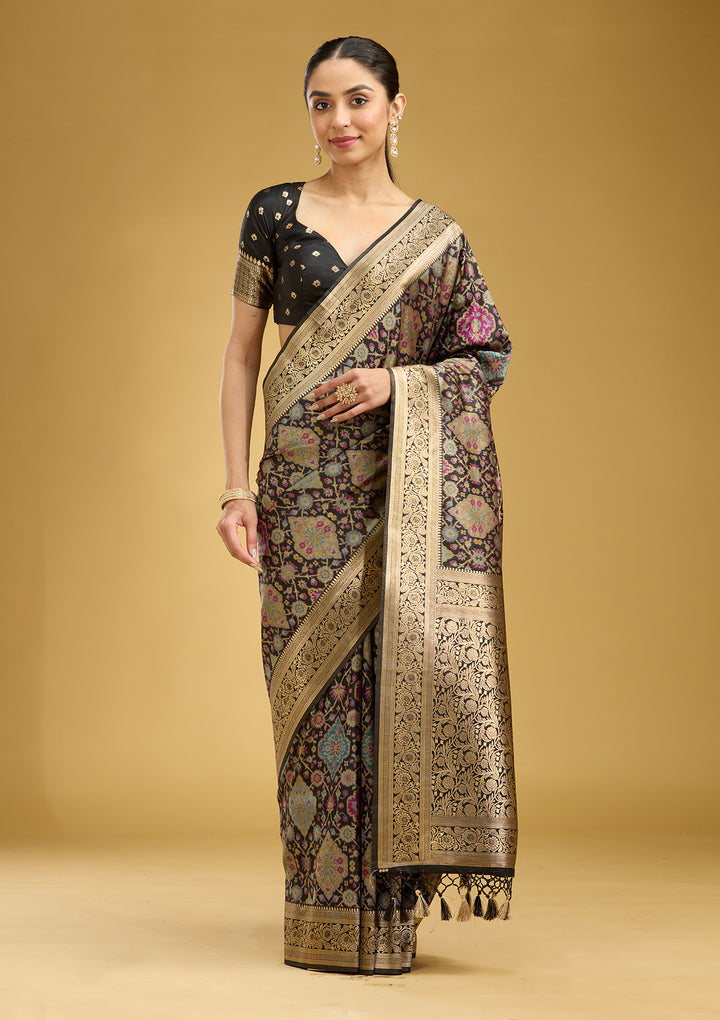 Black Silk Jaal Printed Saree With Matching Blouse Piece