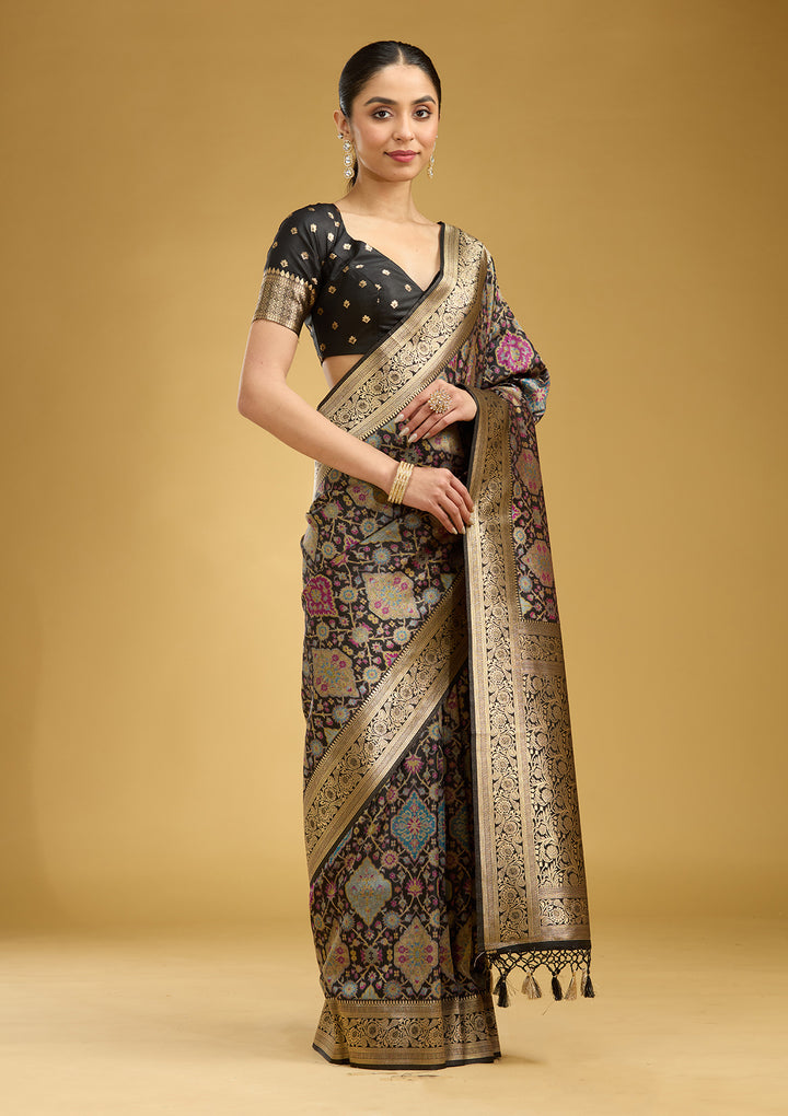 Black Silk Jaal Printed Saree With Matching Blouse Piece