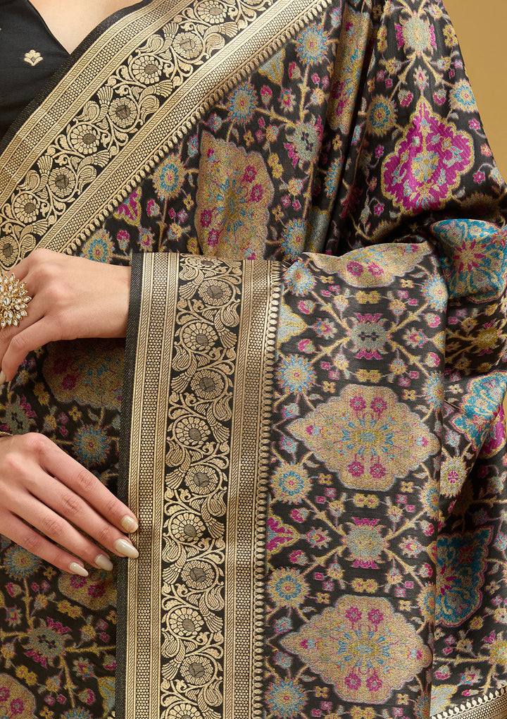 Black Silk Jaal Printed Saree With Matching Blouse Piece